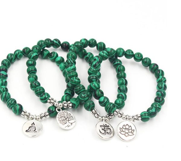 

8mm rg342 elastic adjusted charm nature stone lotus life tree buddha head malachite charm chakra healing reiki bracelet, Black