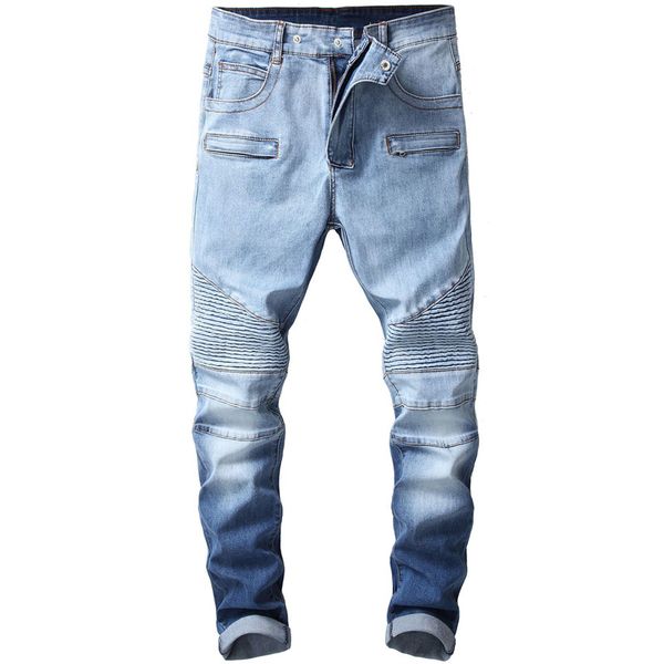 

moruancle men's pleated biker jeans pants hi street motorcycle denim trousers for male washed blue fashion streetwear size 39-40