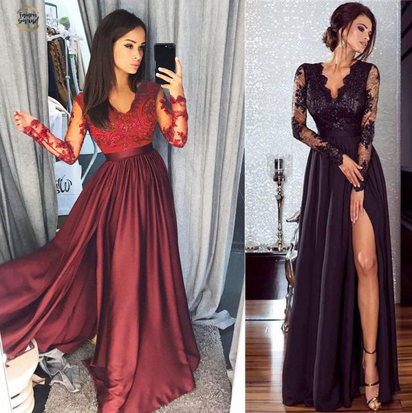 

women lace long sleeve v neck dress evening party ball prom gown formal high waist maxi dress, Black;gray
