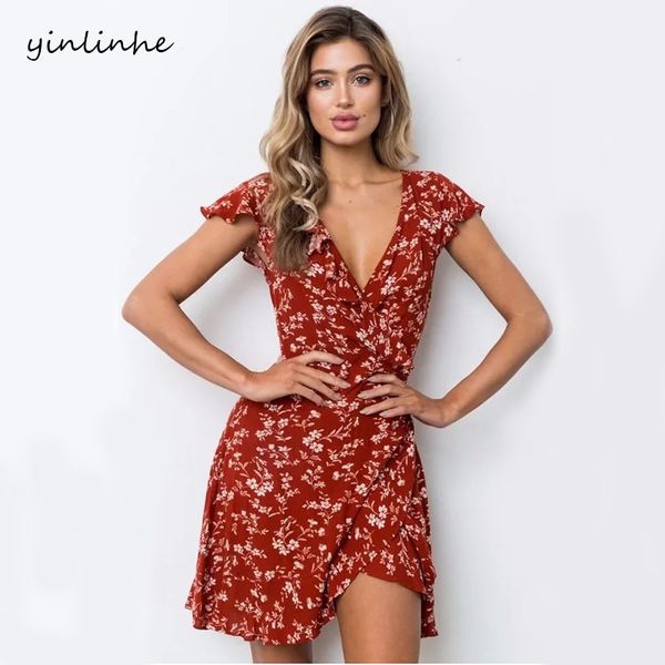 

yinlinhe v-neck red floral beach /wrap dresses women/summer dress short sleeve sashes tied elegant clothing perfume dress 064, Black;gray