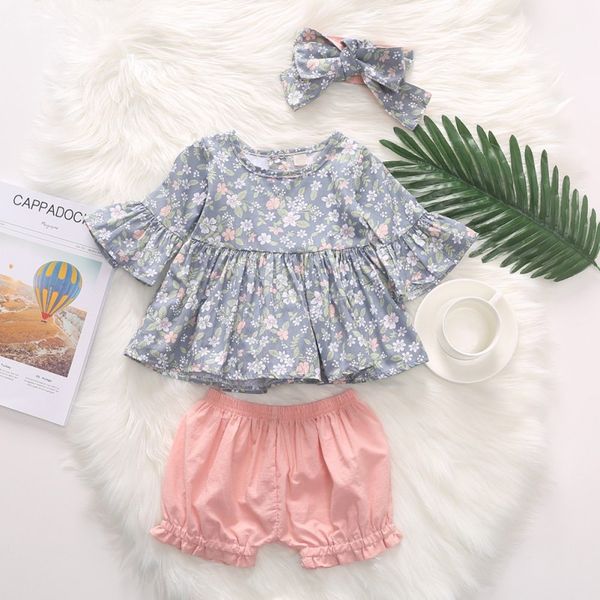 

baby girls casual flare sleeve floral print t-shirt +solid pink shorts with floral bowknot headband suits summer costume set, White