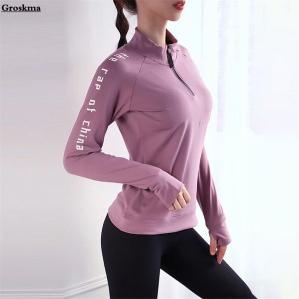 

zipper long sleeve t shirt women quick dry yoga fitness gym training sportswear clothing womens running tshirt haut femme, White;red