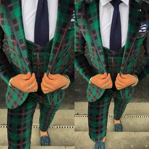 Abito da uomo a tre pezzi Verde Damier Check Abito da sposo personalizzato Abiti da sposa per i migliori uomini Smoking da sposo slim fit per uomo