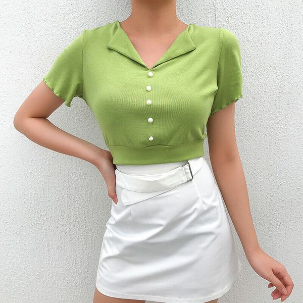 

summer green модные сладкие женщины с коротким рукавом slim fit футболки летние повседневные зашнуровать кнопки шить растениеводство топы фу, White