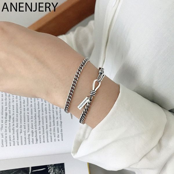 

anenjery punk design english letter tag thai silver bracelet 925 sterling silver couple bracelet for women men jewelry s-b333, Black