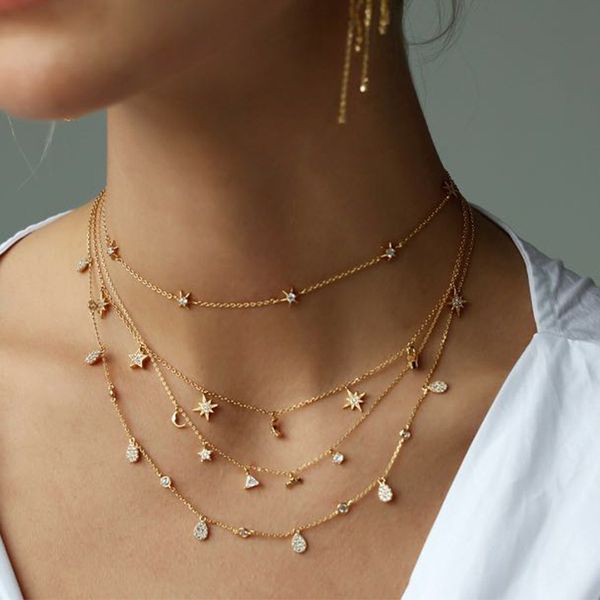 

японский и корейский стиль популярные новые аксессуары позолоченные простой европейский и американский стиль star moon геометрическая ожерел, Golden;silver