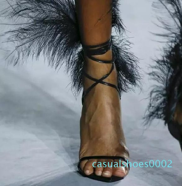 

plumed runway shoes stiletto high heels fetish shoes multicolor feather sandals women c02, Black