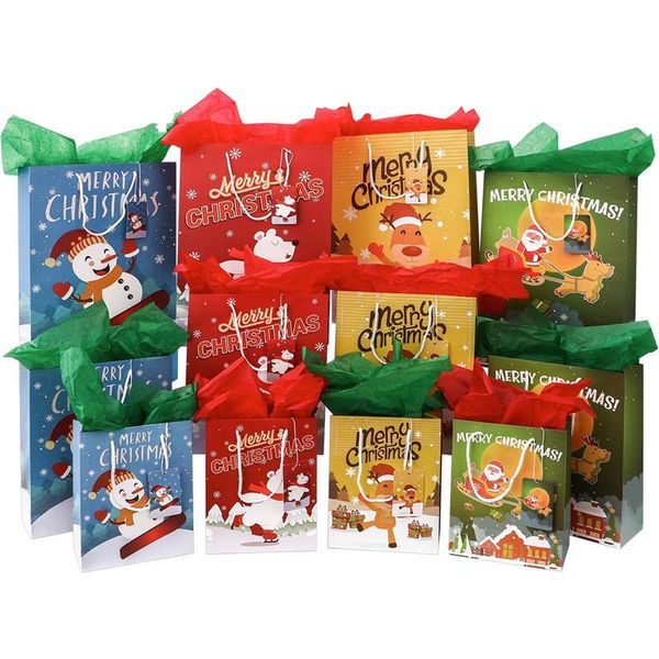 

12pcs christmas gift storage bags paper gift wrapping packaging bags assorted prints treat 12pcs tag sheets of tissue paper