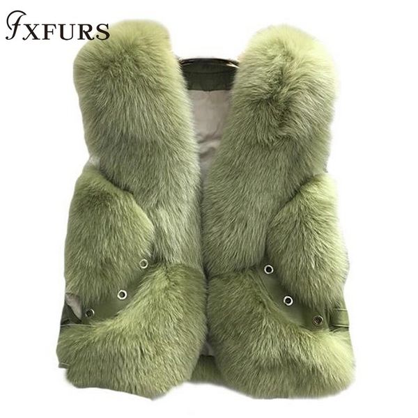 

2019 new real fox fur coat vests short design ladies winter fashion fur waistcoats with leather rivet fur gilets jackets warm y190926, Black;brown