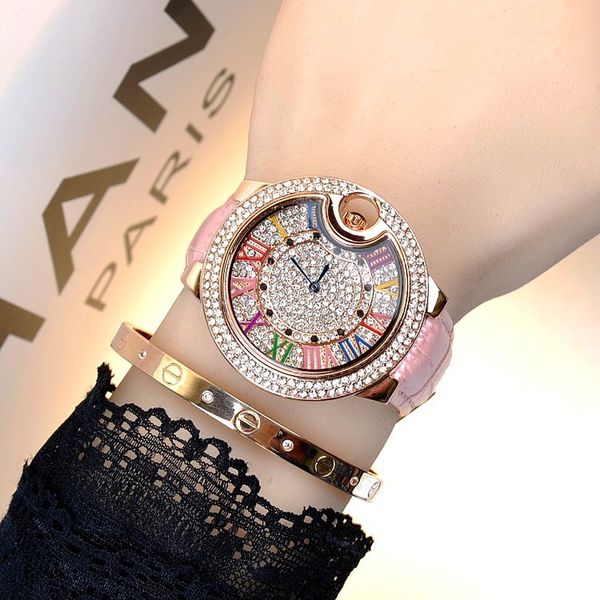 

personality colorful rhinestone ladies watch color roman numeral crystal full diamond leather strap quartz women's watch reloj, Slivery;brown