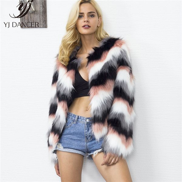 

short striped faux fur coat female 2019 autumn winter fashion new round neck long sleeve fur coat tide hhh0028, Black