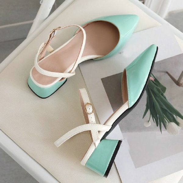 

zawsthia 2020 patent pu leather point toe green chunky med heels lady shoes extra big size 44 45 46 47 48 buckle womens sandals, Black