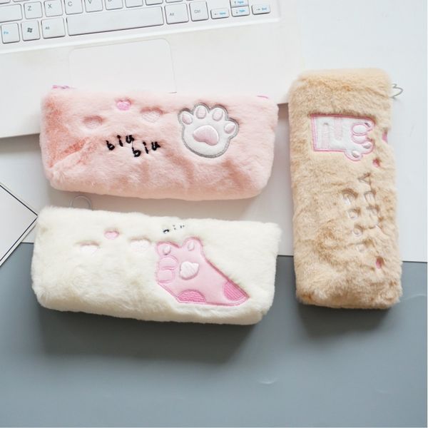 

cat paw plush heart love pencil case stationery storage bag school supplies