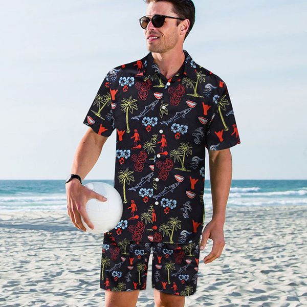

men hawaiian shorts shirts summer coconut tree printing short sleeve shirts + beach short, White;black