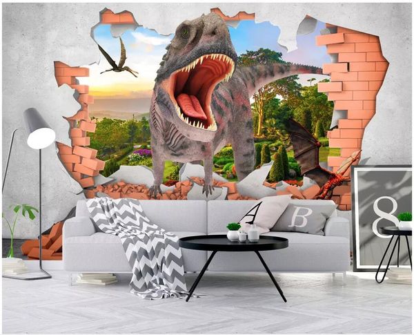 

custom p 3d wallpaper cartoon dinosaur breaking wall background home decor living room 3d wall murals wallpaper for walls 3 d