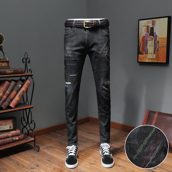 

autumn winter new ripped hole printing stretch slim fit black jeans, Blue