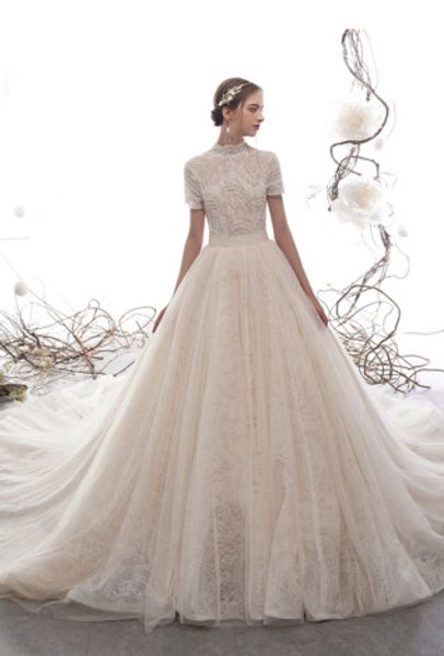 

luxury женщин a-line длинные кружева beade свадебные платья с коротким рукавом тюль ivory fairy bridal мантий выполненное на заказ, White