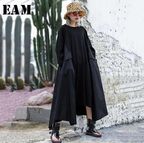 

eam] women dress new round neck long sleeve irregular personality loose fit oversize pockets fashion spring autumn 2020 jz294, Black;gray