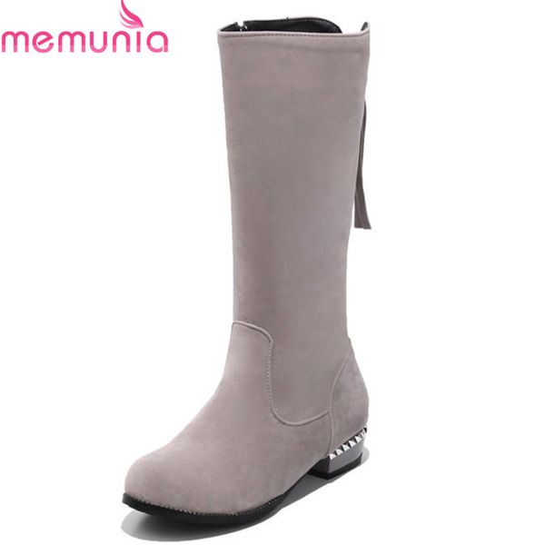 

memunia 2018 new fashion female shoes round toe zipper mid calf boots pearl solid colors comfortable med heels shoes woman, Black