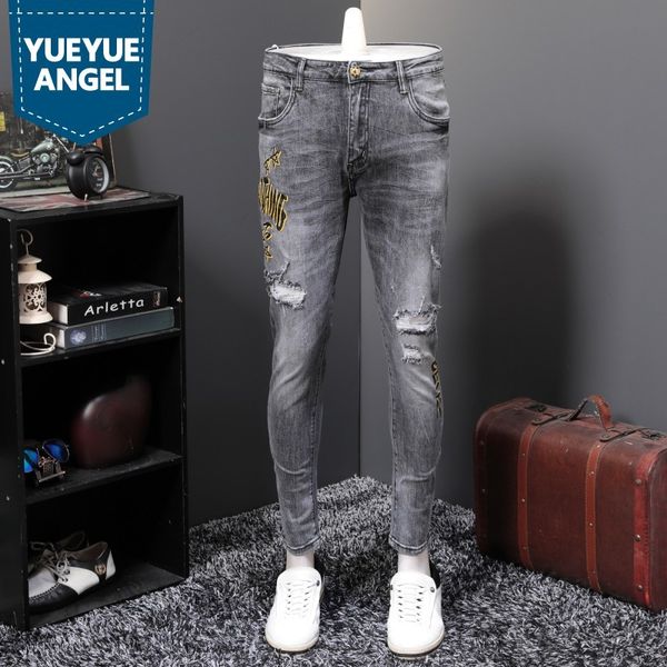 

personality new brand hole ripped printed mens full length pencil jeans slim fit punk high streetwear male fashion denim pants, Blue