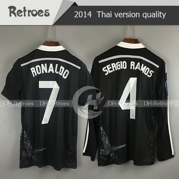

2014 15 retro 04 05 14 15 third black soccer football jersey bale kroos benzema sergio ramos asensio long sleeve jersey, Black;yellow