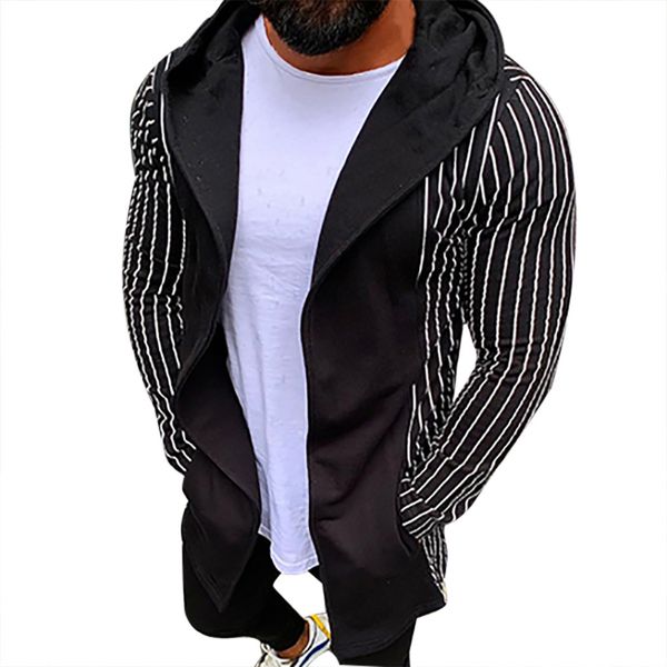 

mens hooded trench coat jacket cardigan slim fit coat men stripe splicing hooded solid trench cardigan long sleeve outwear#g3, Black