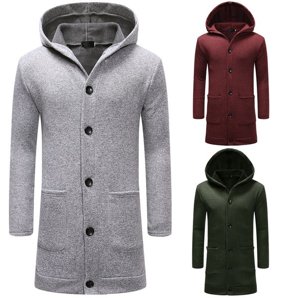 

monerffi 2019 autumn cardigan men slim fit casual long hooded sweatshirt casual thick long knitting hoodies solid button coats, Black