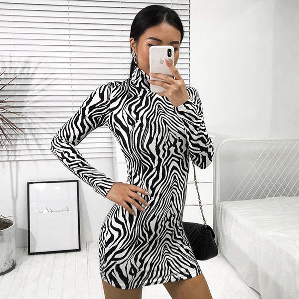 

fantoye zebra pattern print dresses women 2018 long sleeve winter autumn turtleneck short mini party club bodycon dress, Black;gray
