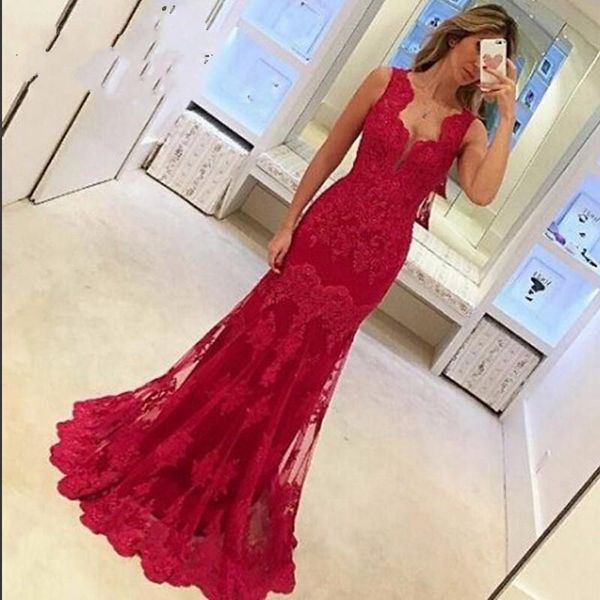 

2019 new round collar - red applique mermaid dress dos en dentelle formelle ideal woman evening dress prom dress vestidos de festa, Black;red