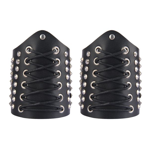 

2 pcs punk mens leather rivet wristband wide bracer, adjustable length: approx. 20-24cm /7.9-9.4 inch, Golden;silver