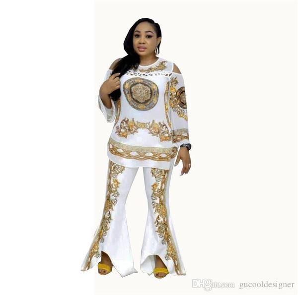 

female digital printed spring tracksuit fashion designer crew neck ladies 2pc set casual loose panelled hollow out women apparel, White