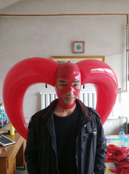 

lh1109) 100% natural latex mask rubber inflatable horn hood mask with open eyes and mouth, Black;red