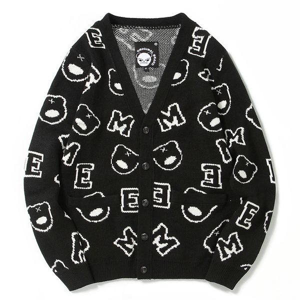 

autumn dong style panda jacquard knit shirt influx men v-neck cardigan sweater tide card jacket large size casual sweater, White;black