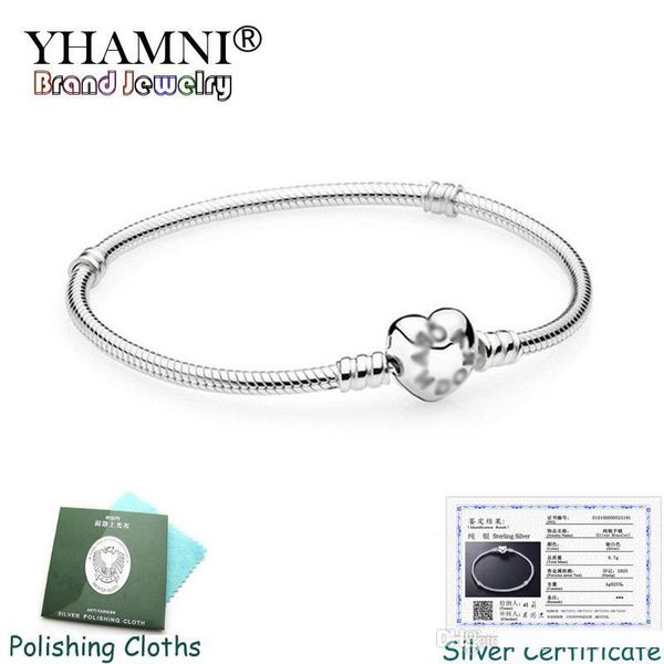 

yhamni with certificate fine jewelry original silver bracelet fit pandora charm bead bangle bracelet diy jewelry gift kb191, White