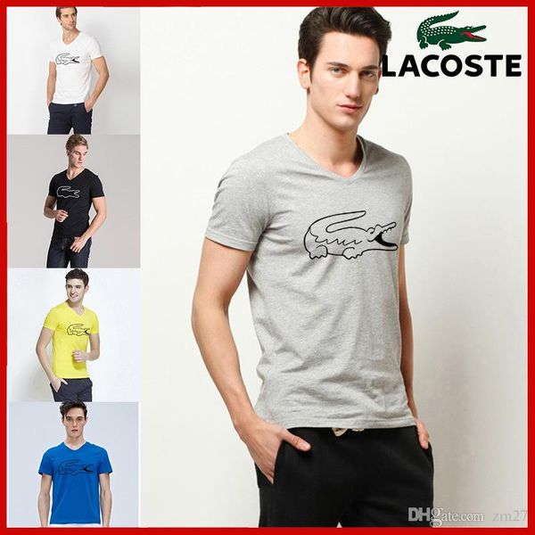 

2018 new arrival v neck bottoming shirt solid color short sleeve t shirt men cotton tshirts french famous brand crocodile casual t-shirts, White;black