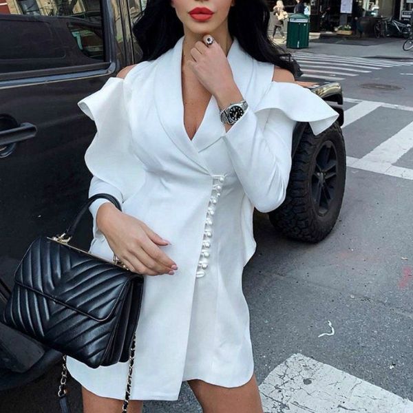 

cold shoulder blazer dress ruffle short white dress women autumn elegant office party long sleeve winter long coat, Tan;black