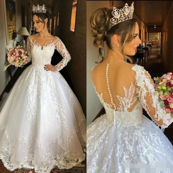 

2020 длинные рукава бальное платье свадебное платье совок шеи sheer pearls бисера развертки поезд свадебные платья сшитое платье-де-novia, White