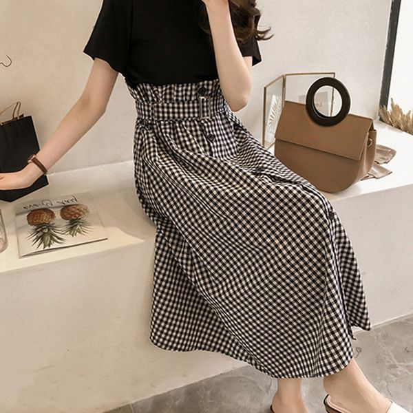 

2 шт. / компл. мода плед пояса юбка + повседневная базовая футболка женский костюм высокая талия тонкая юбка женщины растениеводство топ наб, White