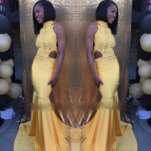 

yellow long prom dresses high neck cut-out waist backless mermaid african black girls gala evening dress formal party gowns