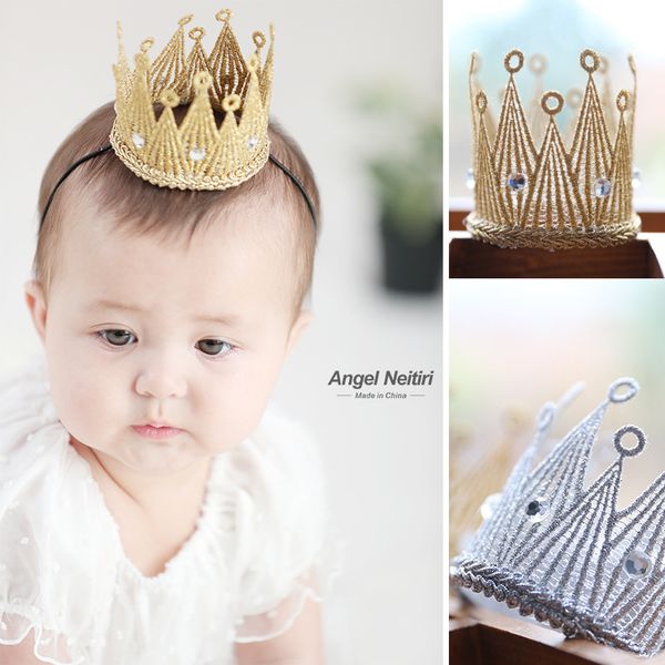 

korea golden crown hair accessories for girls kids bow hairbands hair band hand made crystal headband, Slivery;white