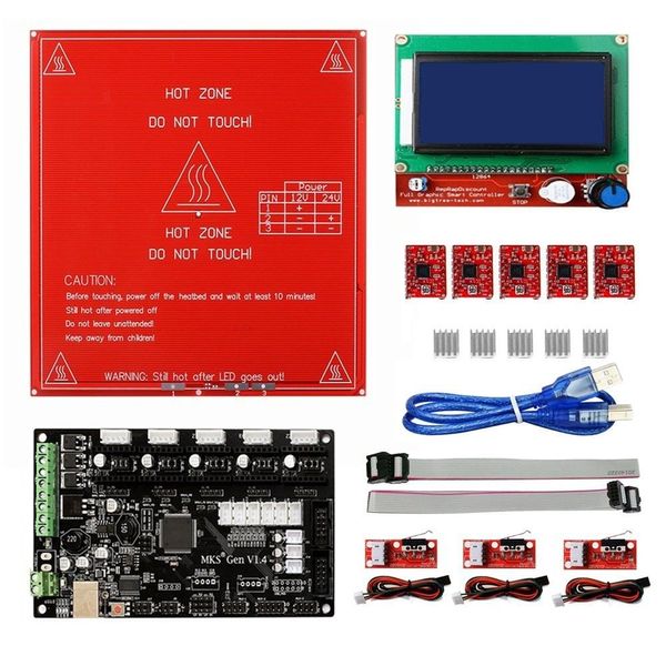 MKS Gen V1.4 RepRap Ramps1.4 +12864 Display LCD intelligente + Letto riscaldato + 5PCS A4988 Driver del motore passo-passo + 3PCS Interruttore di fine corsa meccanico freeshippin