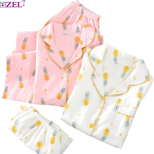 

new spring cartoon pineapple 100% gauze cotton pajamas set 2 pieces set comfort and soft long-sleeve trousers household wear, Blue;gray