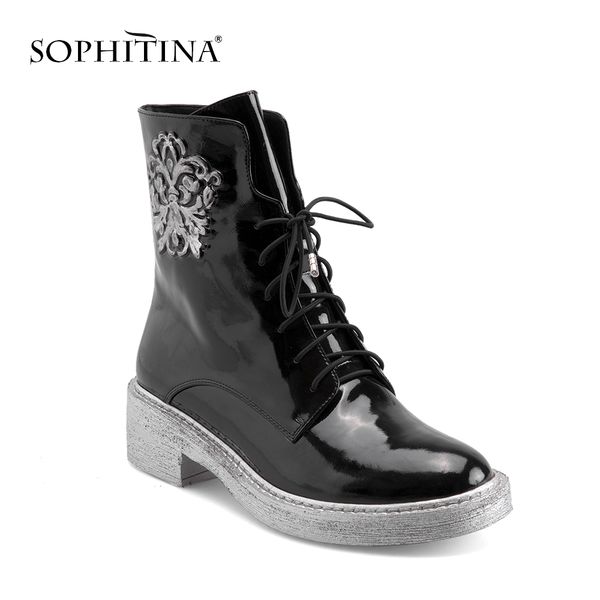 

sophitina patent leather ankle boots 2018 black round toe square heel lady shoes brand woman's boots m24