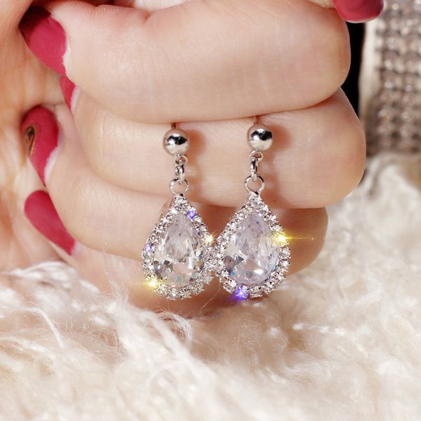 

lk 925 silver needle hypoallergenic korean temperament drop shape zircon super flash earrings simple earring, Golden;silver