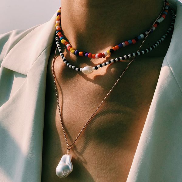 

flatfoosie многослойной имитация pearl choker ожерелье воротник для женщин богемского statement красочного бисера ожерелья цепи ювелирных из, Silver