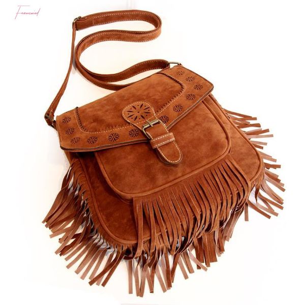 

2020 autumn and winter women faux suede fringe bag tassel handbags vintage tassel crossbody bag bohemia messenger bag shoulder