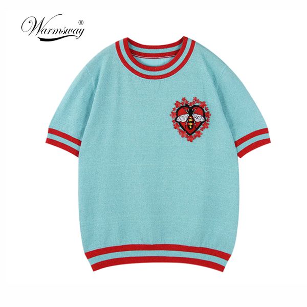 Warmsway Bee Pattern Fiori Appliques Crop Top T Shirt Pullover Maglieria Summer Top 2019 Coreano Stripe Design Abbigliamento B-103J190424