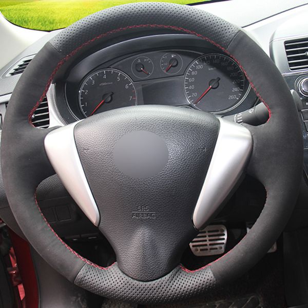 

black genuine leather black suede car steering wheel cover for nissan tiida sylphy sentra 2014 note