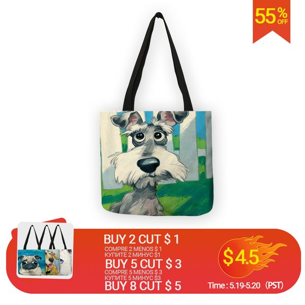 

designer handbags personalized dog art print linen tote bag schnauzer golden women fabric student school bags traveling shopping