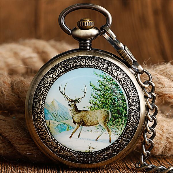 

vintage bronze/silver mechanical hand winding pocket watch skeleton clock retro walking elk deer fob pendant chain gift, Slivery;golden